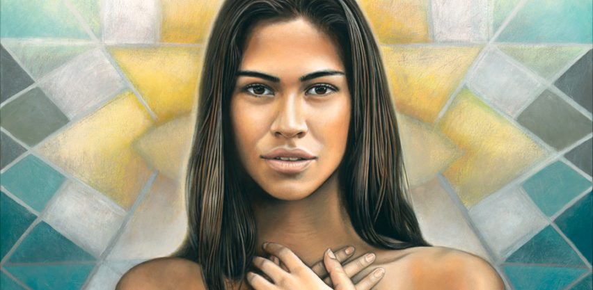 A woman with long hair is holding her hand on the chest.