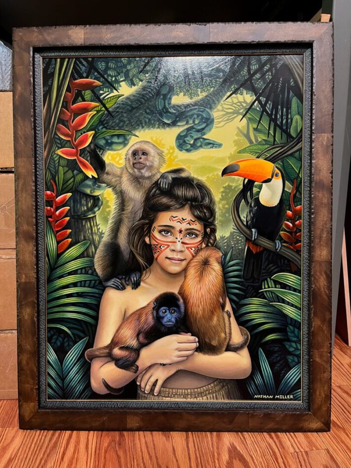 A painting of a woman holding two monkeys.